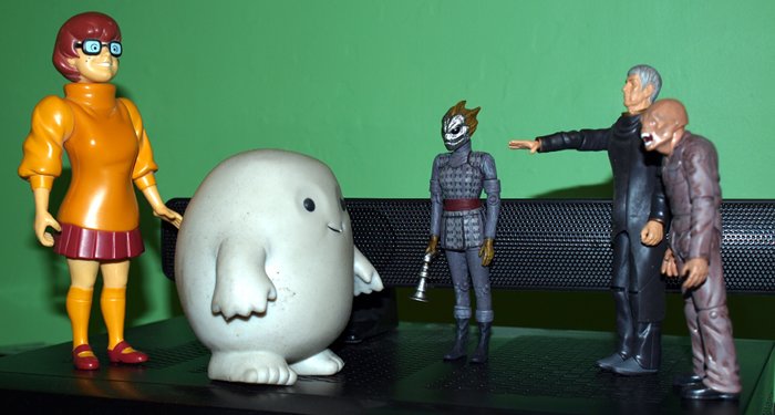 Chief Inspector Grey-um #1 - Grey-um and Dinkley with Spock, Sally the Silurian and Wilbo the Weevil.